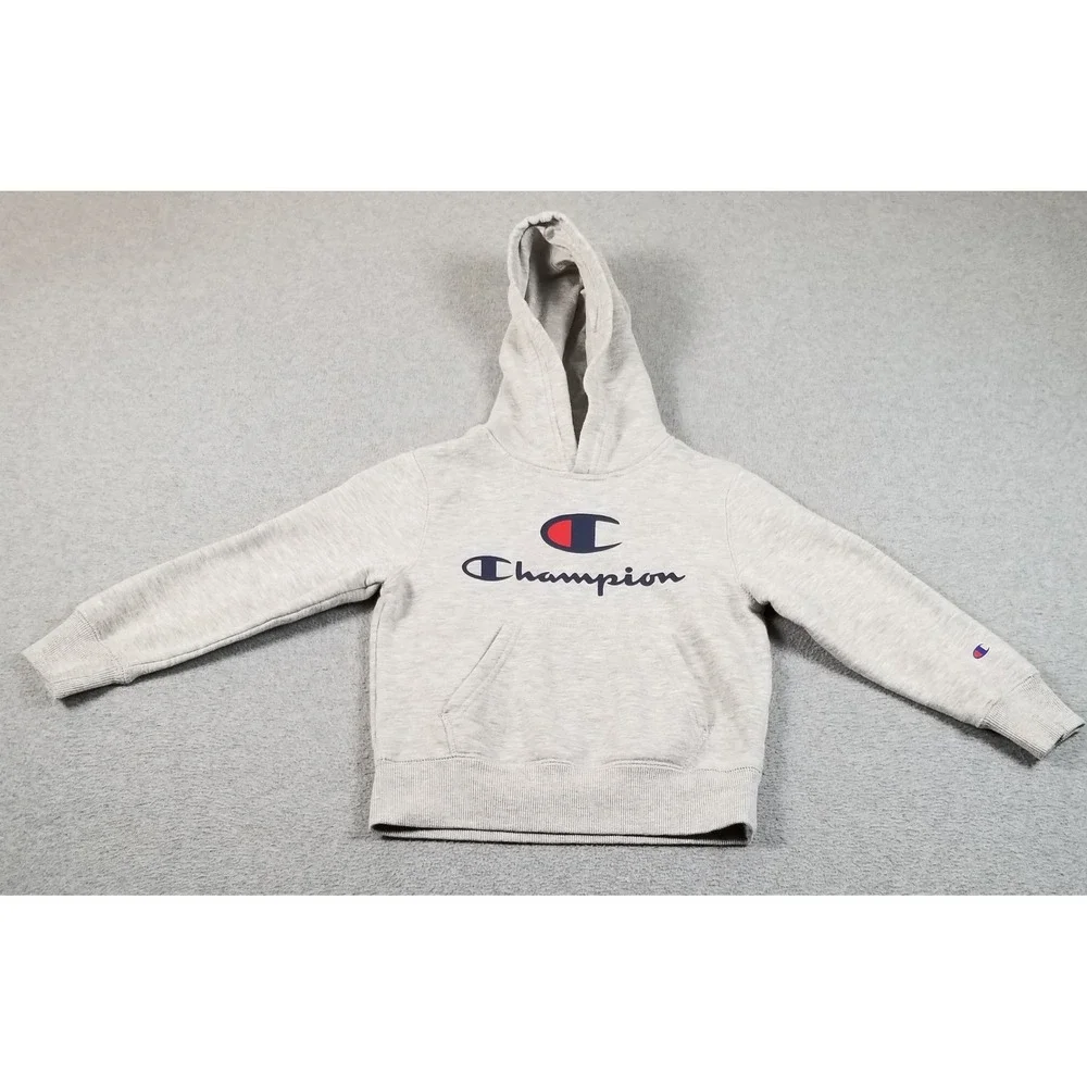 Champion Hoodie Kids 5 6 Gray Script Logo Spellout Pullover Sweatshirt Casual